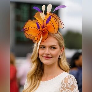 Kentucky Derby Hat Fascinator Elegant Orange and Purple Feather Organza